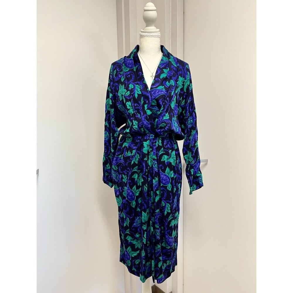 Vintage 1980s Leslie Fay Collections Floral Purple Green Leaf Print Dress Sz 12
